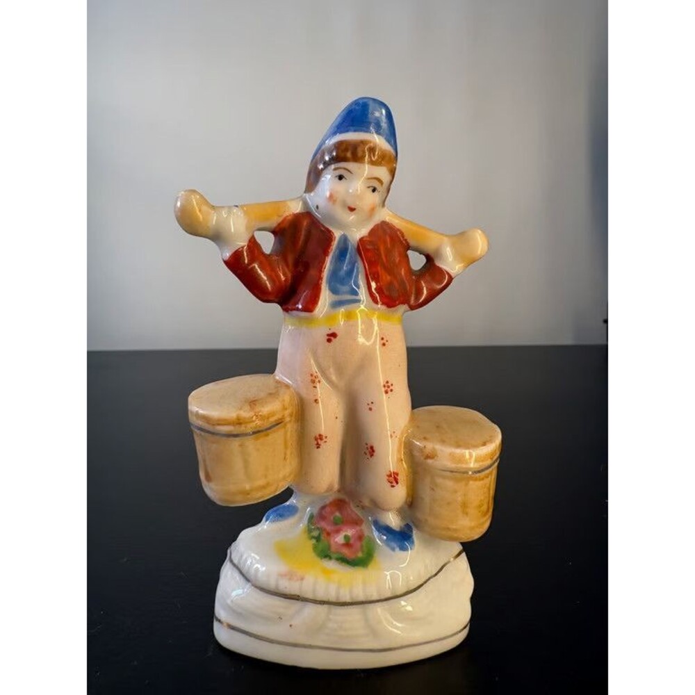 Vintage Japan Dutch Boy Water Carrier Yoke Buckets Figurine 4.25 in Hand Painted
